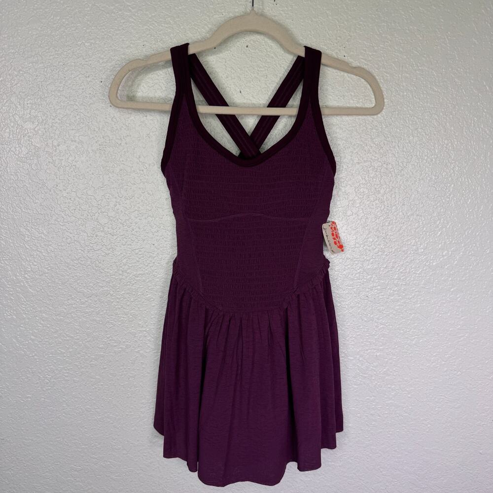 Free People Smockin Hot Dress Women XS Romper Tennis Pickleball Black Cherry NEW - Picture 2 of 11